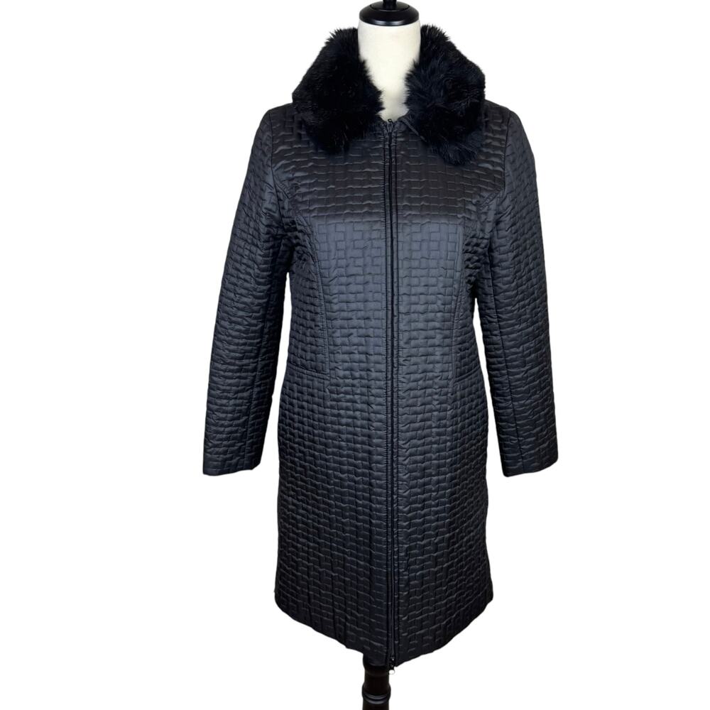 Elliott Lauren Black Quilted Faux Fur Collar Long Length Thin Puff Coat Jacket
